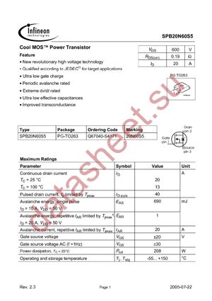 SPB20N60S5 datasheet  